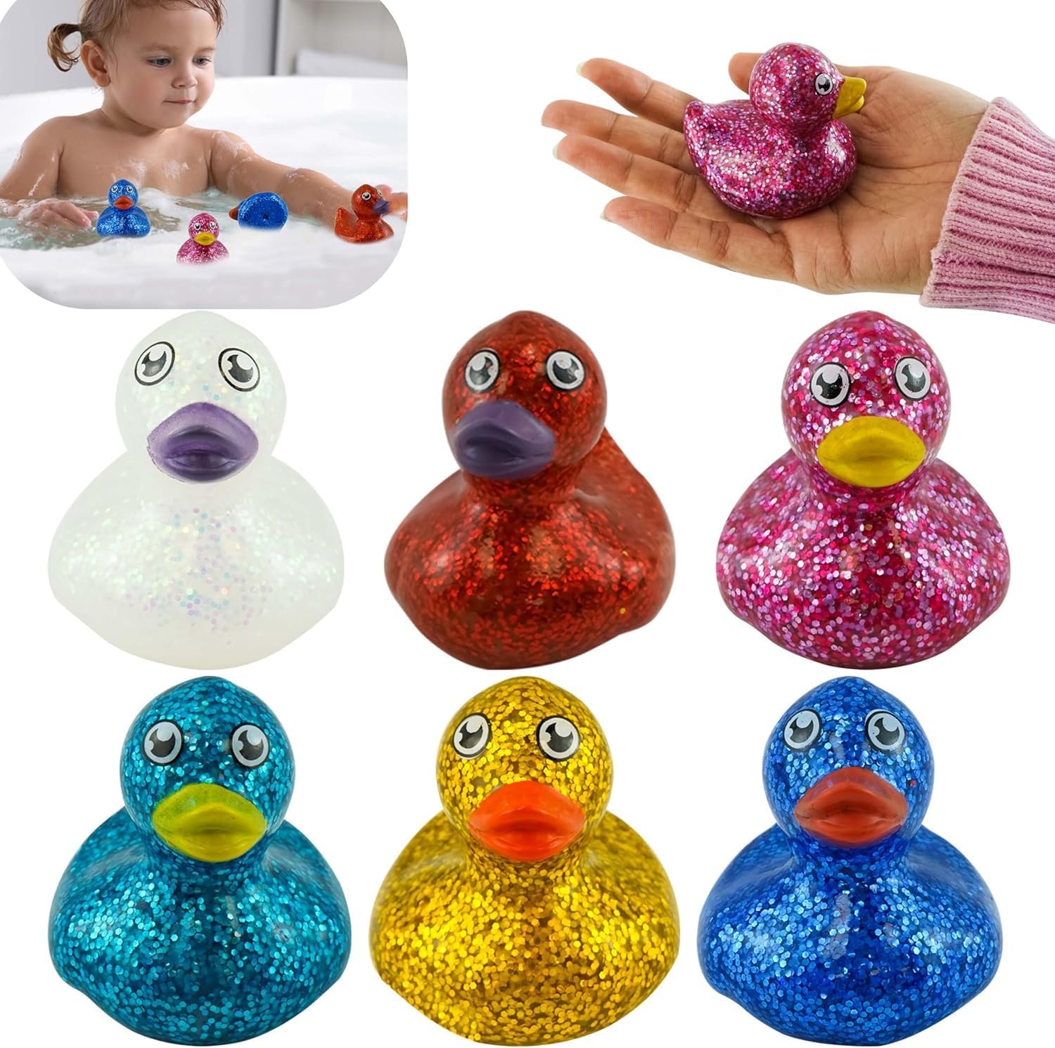 Glitter Rubber Duck 5cm - 1x Random Sparkly Bath Duck Toy, Shiny Ducky, Floating Baby Bath Toys for Toddlers, Party Bag Fillers, Kids Party Decoration & Favours