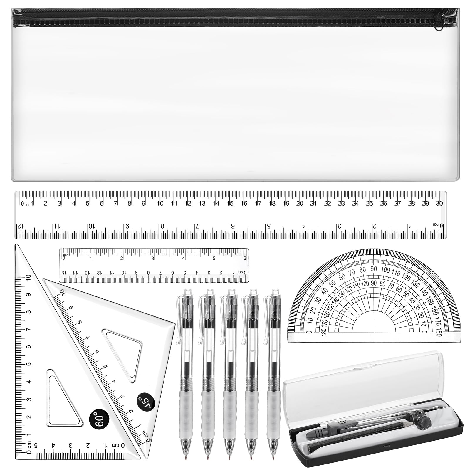 Clabby 12 Pcs Stationery Set Long 32cm Clear Pencil Case with 30cm Ruler Compass Black Gel Ink Pens for Exams School Supplies