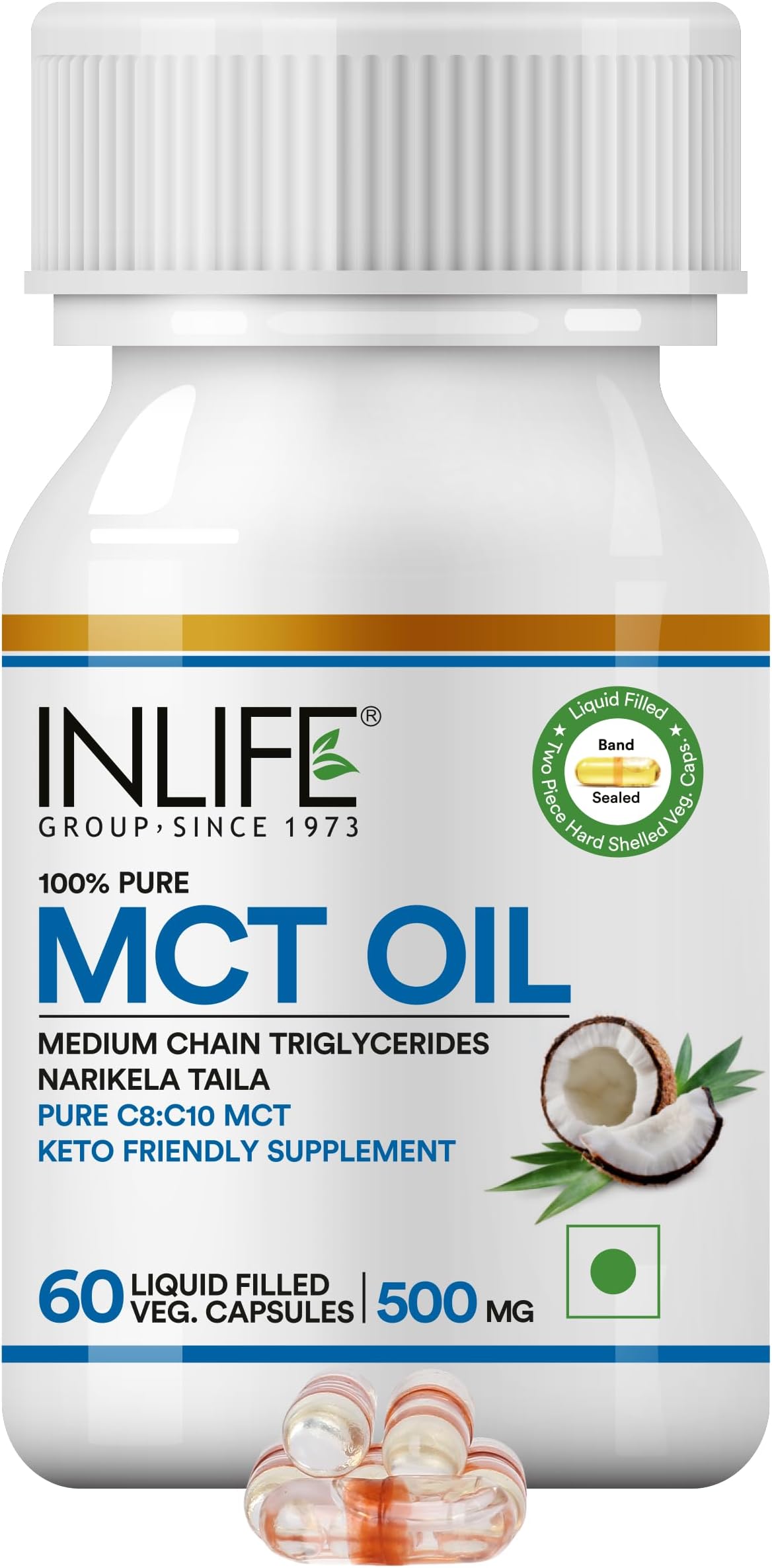 INLIFE Pure MCT Oil C8 C10 Keto Diet Friendly Advanced Products|Food Supplement, 500mg - 60 Vegetarian Capsules (Pack of 1, 60, count)