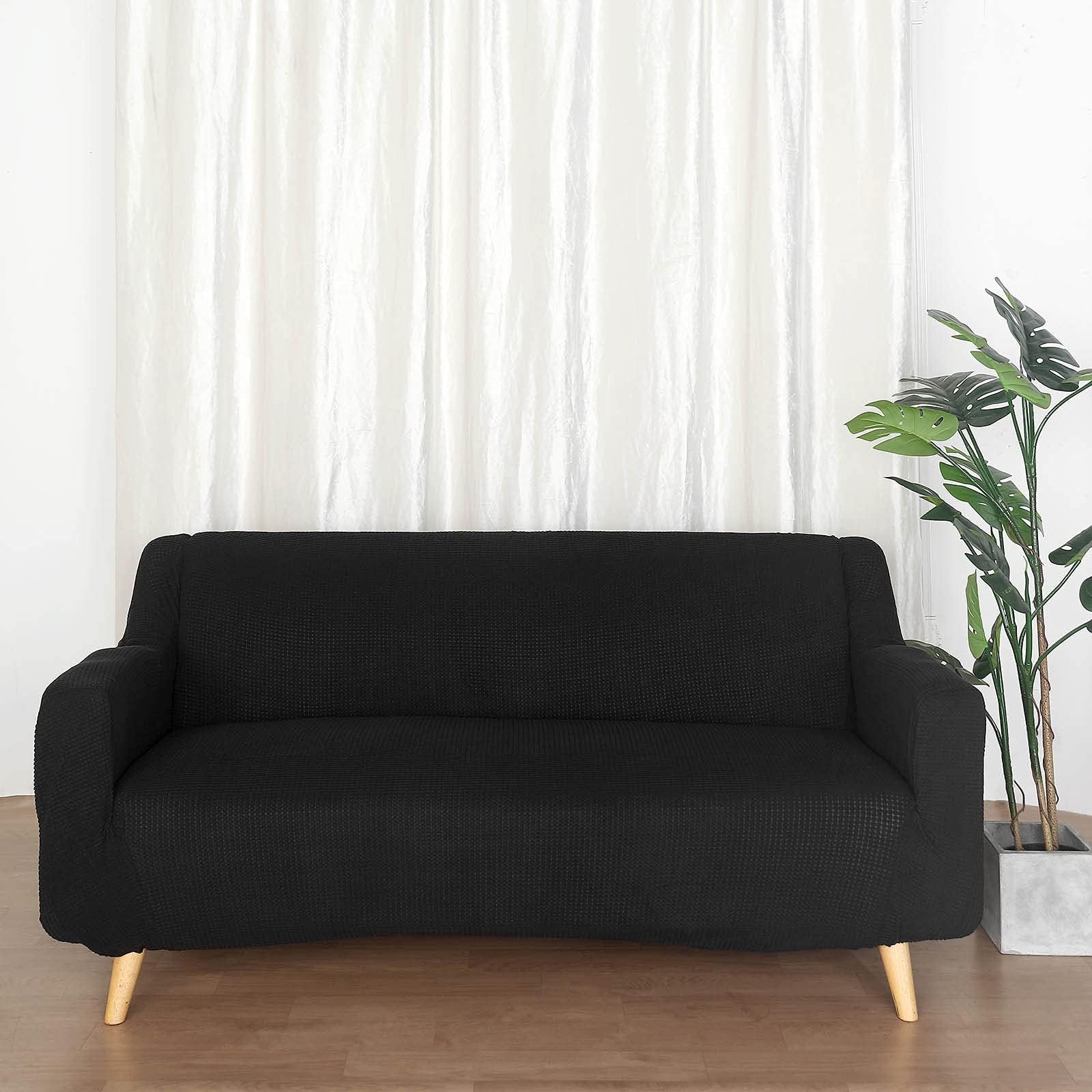 Easy-Going Stretch Sofa Slipcover 1-Piece Couch Sofa Cover Furniture Protector Soft with Elastic Bottom for Kids, Spandex Jacquard Fabric Small Checks - Black (2 Seater)