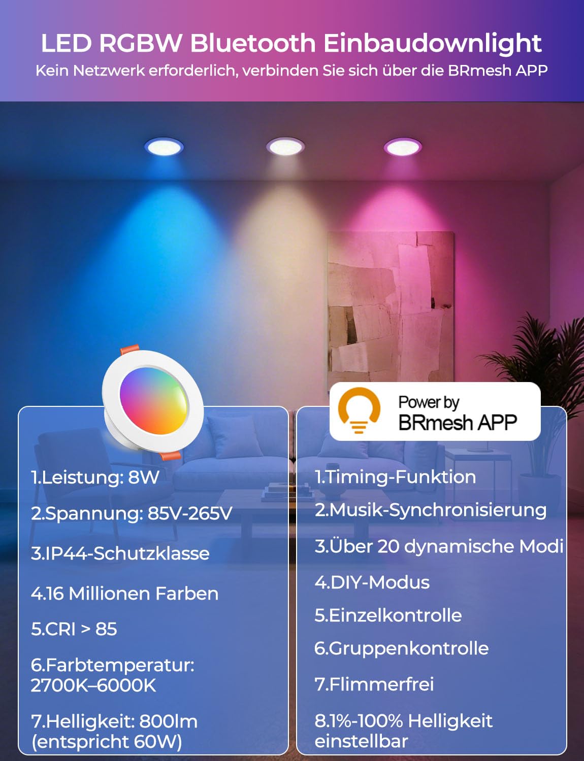 HEKEE Einbaustrahler LED RGB Bluetooth, Ф68-85mm RGBW LED Spots, Farbig LED Einbaustrahler 2700K-6000K IP44, Einbauspots mit Timer und APP-Steuerung（6 stück）