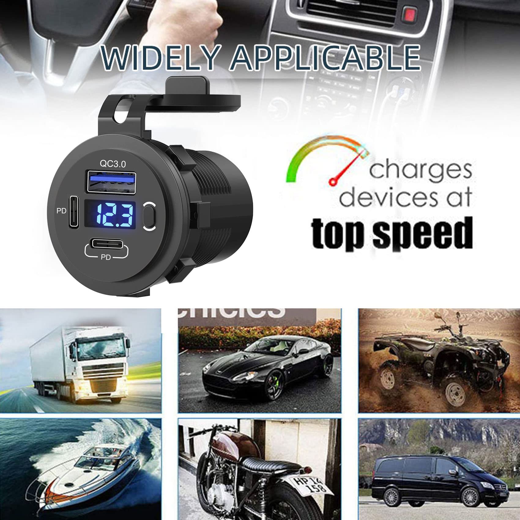12 V USB-Steckdose USB C Kfz-Ladegerät Buchse (2PD + 1QC)