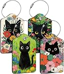 4Pcs PU Leather Luggage Tags Retro Cat Dinosaur Wave Luggage Indentifier Name ID Label Tag 2.8×4.5 Inch with Metal Loop for Suitcase Bag Backpack Baggage Men Women