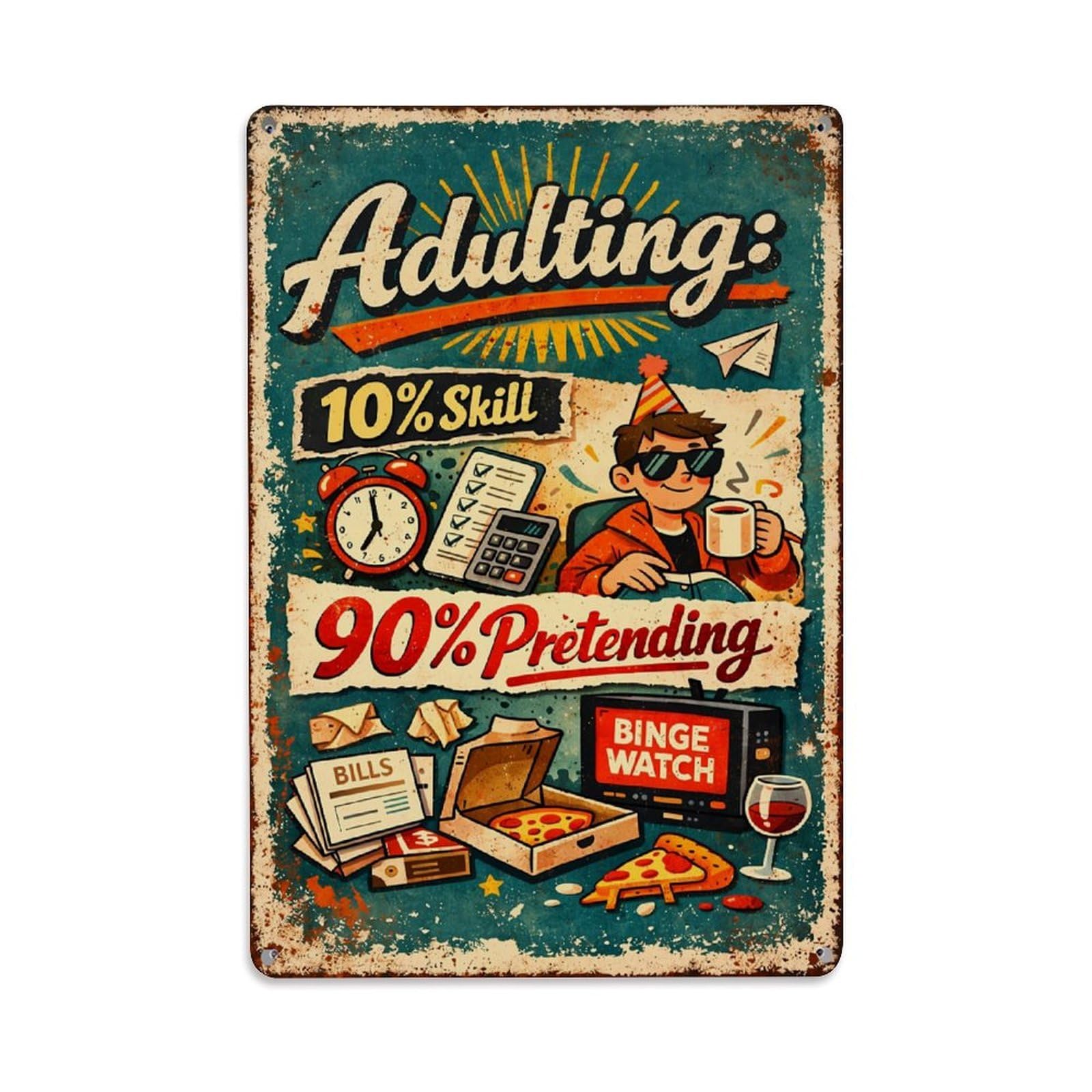 Jdfenggu Vintage Adulting Skill Pretending Binge Watch Retro Metal Tin Sign, Metal Poster For Bar, Home, Man Cave, Kitchen, Laundry Room Art Decor 8X12 Inch