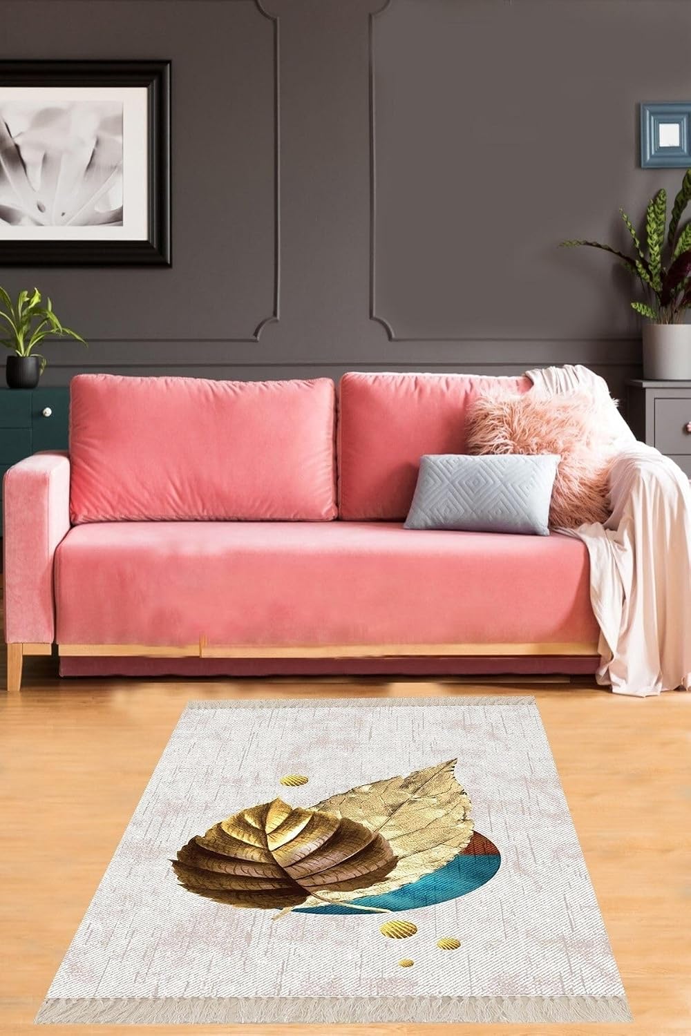 Pelangi Yaprak Desenli Dijital Baskı Yıkanabilir Kaymaz Taban Modern Salon Halısı Ve Yolluk, Gold-Krem 180 x 180