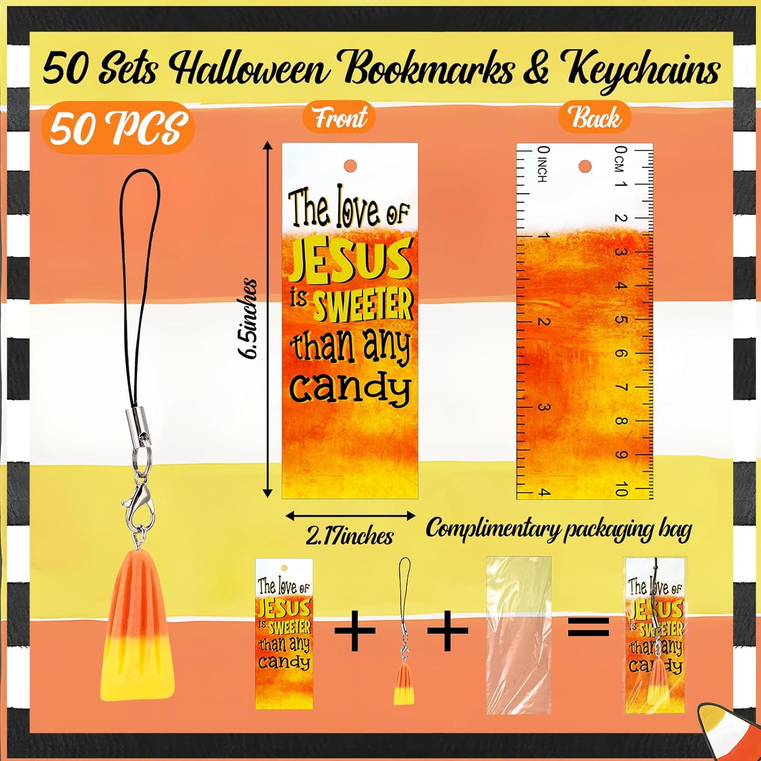 Ecation 50 Sets Christian Halloween Candy Corn Gifts Mini Resin Candy Corn Keychains Religious Bookmarks Jesus Prayer Cards Trick or Treat Goodie Bags for Office Sunday School Church Halloween Party