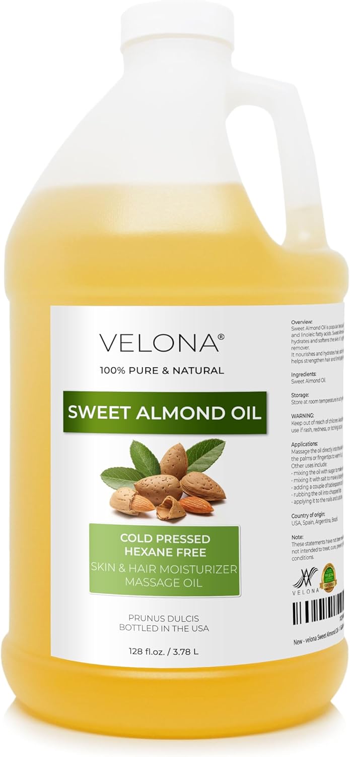 velona Sweet Almond Oil - 1 Gallon / 128 Fl Oz | 100% Pure and Natural Carrier Oil |Cold Pressed | Skin, Hair, Body & Face Moisturizing | Use Today - Enjoy Results…