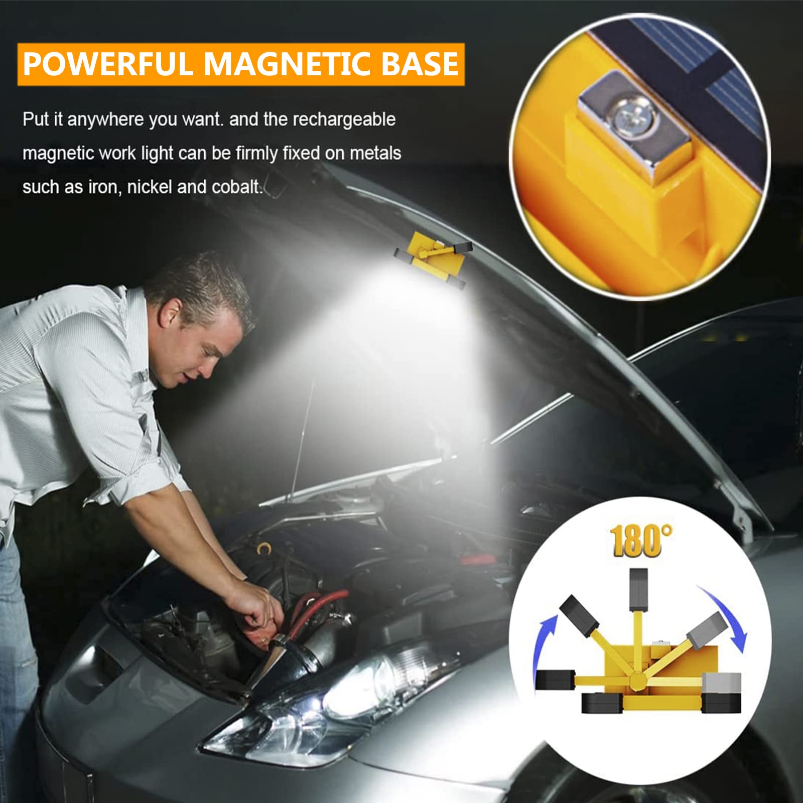 Foco LED Recargable Solar 80W, 3 Modos Linterna de Cámping LED Portátil con Panel Solar, Luz de Seguridad Impermeable para Emergencias, Reparación de Automóviles y Más
