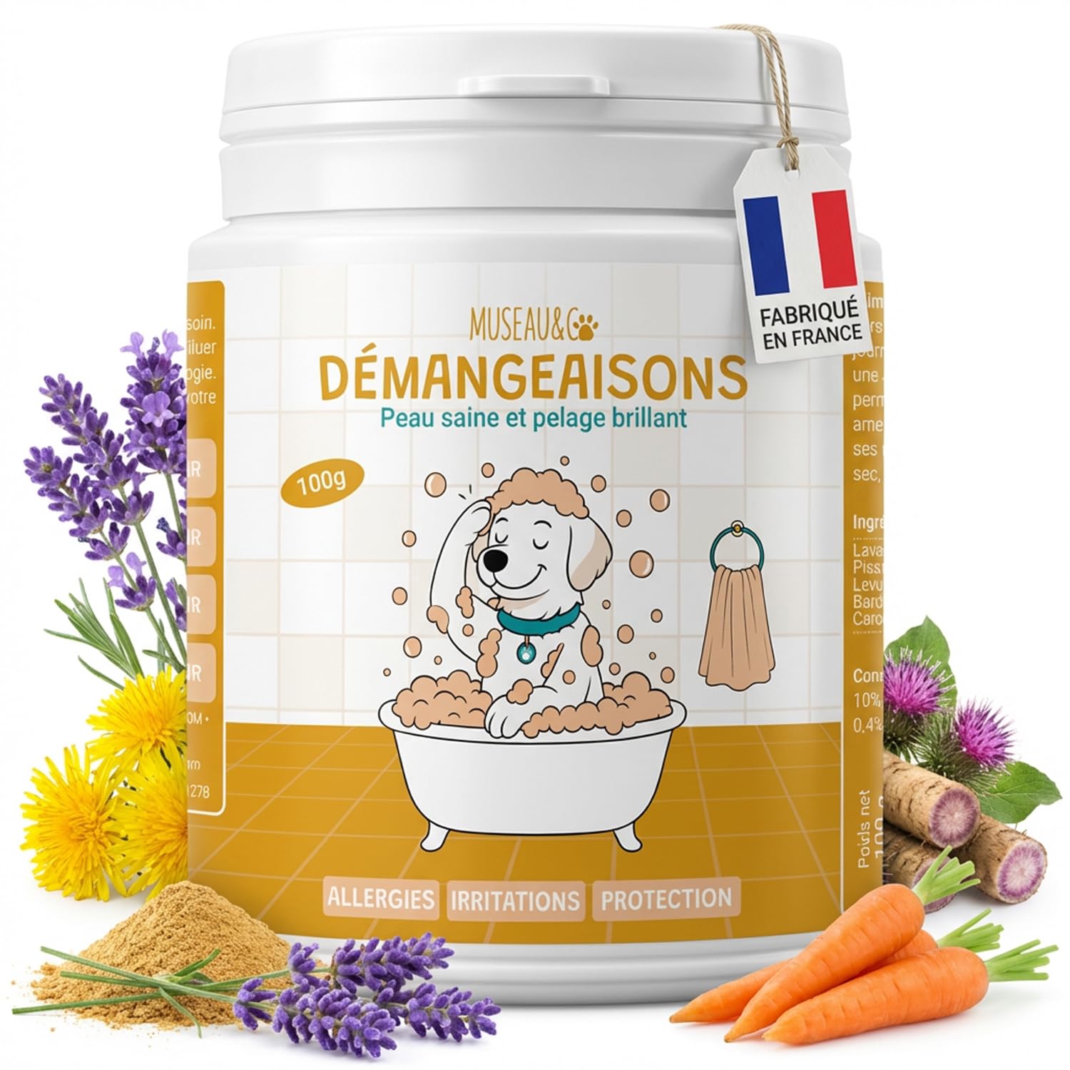Démangeaisons Chien - Complément Alimentaire Anti-Grattage - Levure de Bière Bardane Pissenlit Lavande - Peau Saine & Pelage Apaisé - Formulé par des Vétérinaires - Fabriqué en France