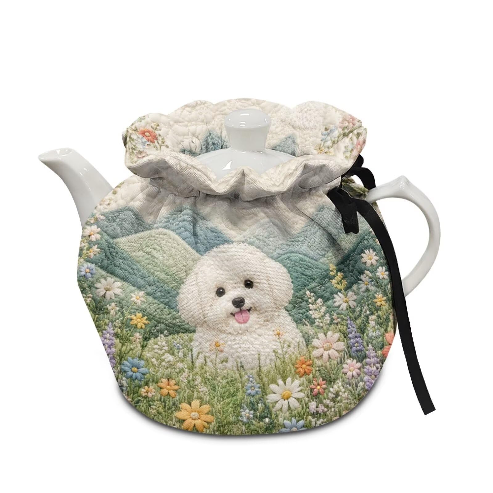 Xoenoiee Bichon Frise Floral Pattern Tea Cozy Tea Pot Cover Insulation Tea Cosy Teapot Dust Cover Teapot Warmer for Home Kitchen Teapot Covers