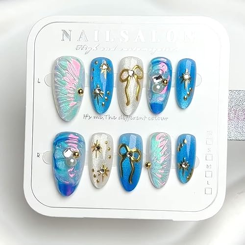 30Pcs Handmade Press on Nails Ocean Shell Holographic Fake Nails