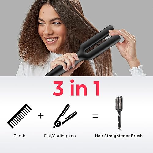 Miniatura 2 de Cepillo y rizador de pelo 2 en 1 con revestimiento de cerámica, peine alisador de calentamiento rápido de 20 segundos, 5 ajustes de temperatura de