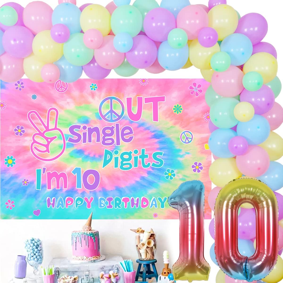 Funmemoir Tie Dye 10th Birthday Decorations for Girls, Peace out Single Digits, Macaron Balloon Garland Kit with Out Single Digits I'm 10 Backdrop, Hippie Theme Happy 10th Birthday Decorations