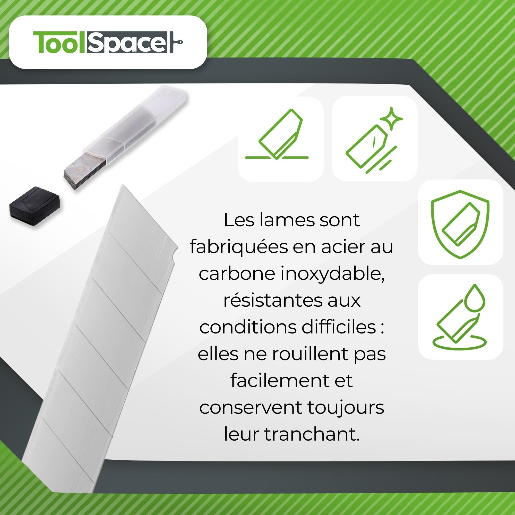 ToolSpace Lame Rechange pour Cutter Couteau Lames Sécable Segmentée pour Coupe Précise de Papier Carton Tissu Plastique Cuir et Autres Matériaux Acier Carbone Trempé Tranchantes – 18 mm Lot de 20