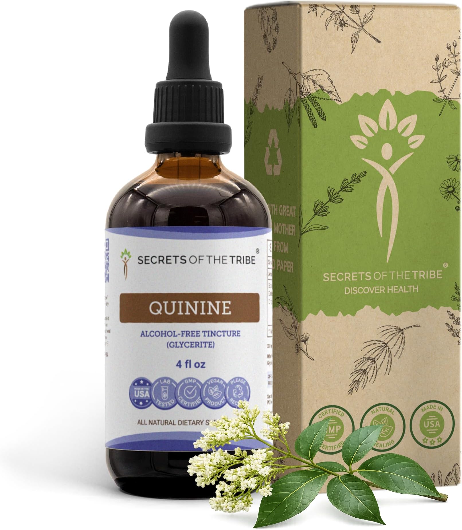 Secrets of the Tribe Quinine Alcohol-Free Tincture (Glycerite) 680 mg Wildcrafted Quinine (Cinchona officinalis) Dried Bark (4 Fl Oz) Leg Cramp Support Supplement