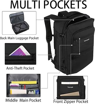 Vancropak Carry On Backpack, 40L Expandable Extra Large Travel Backpack, Flight Approved Water Resistant Luggage Suitcase Daypack, Lightweight College Business Weekender Bag for Men & Women, Black