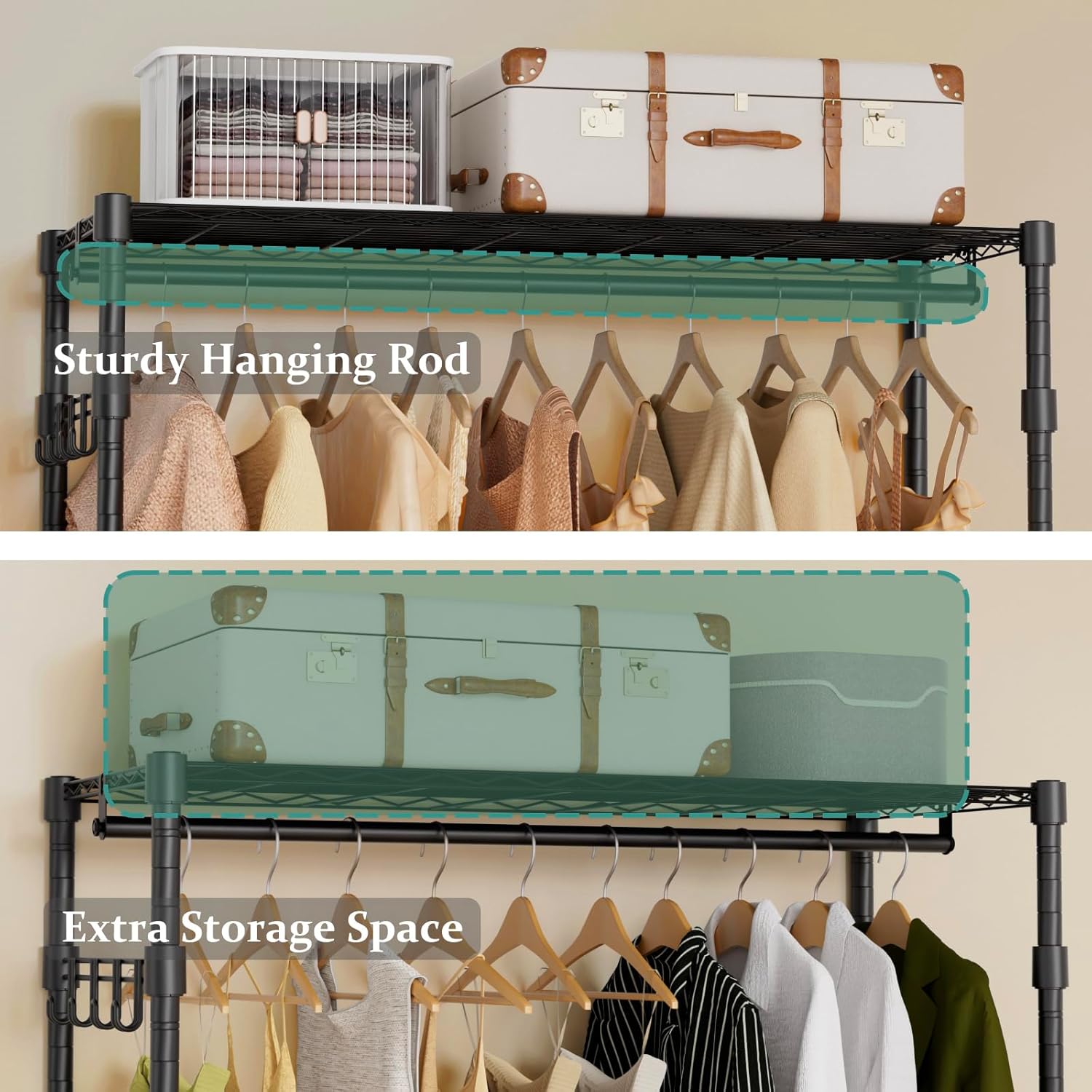 Heavy Duty Rolling Garment Rack, 3 Tiers Wire Shelves Adjustable Freestanding Portable Rolling Clothing Rack with Lockable Wheels, 44.9''L x 15.8''W x 78.8''H, Max Load 600LBS