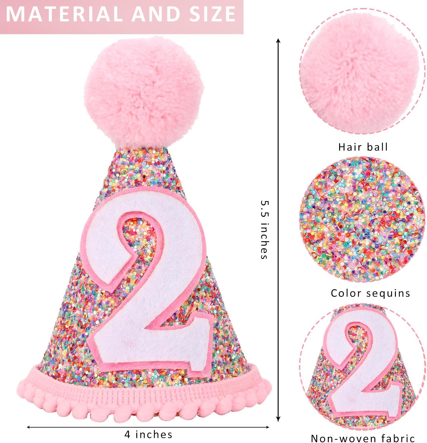 Rainbow Cone Birthday Hat, Glitter Birthday Hat, Perfect Birthday Party Decoration for Boys and Girls
