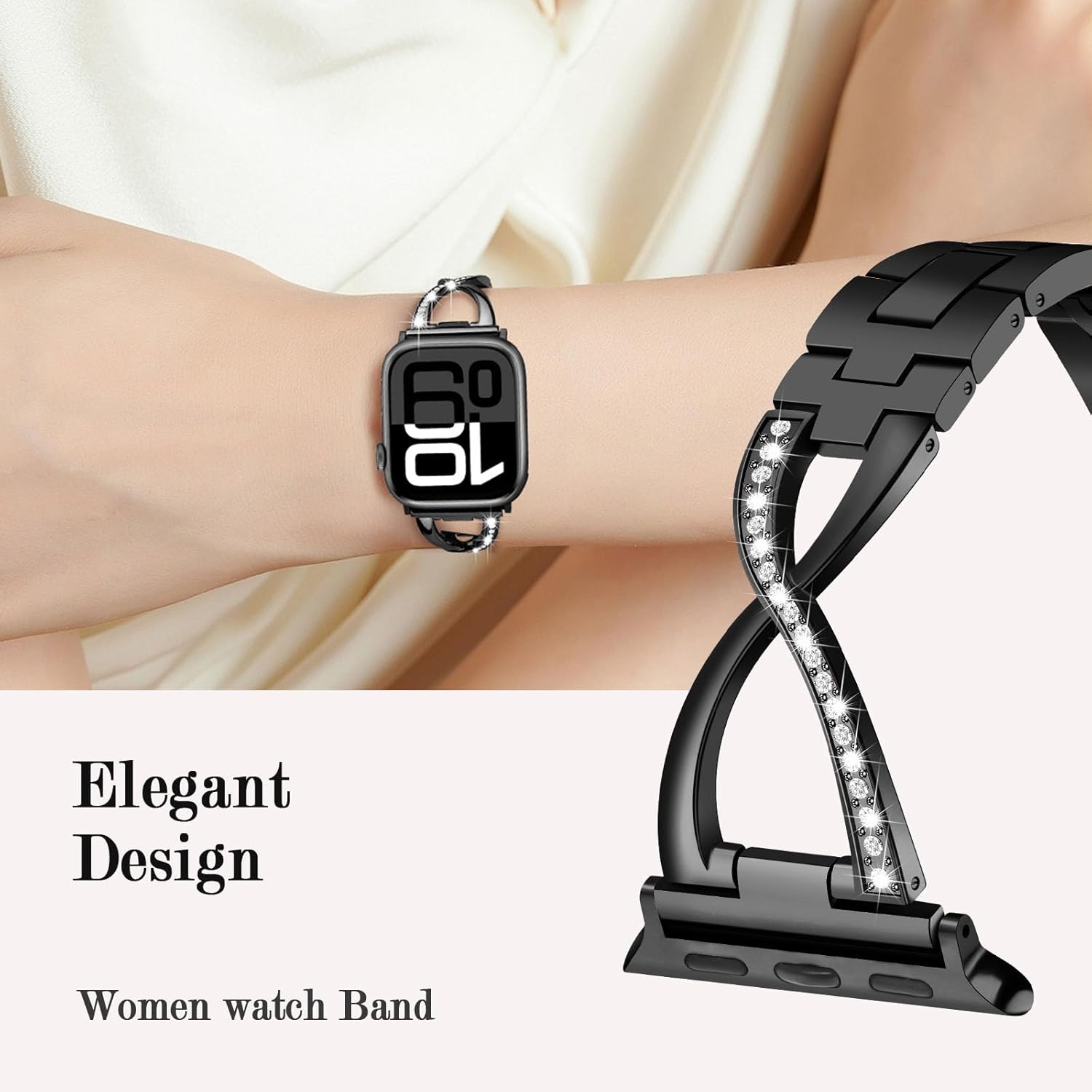 Metal Bands Compatible with Apple Watch Band for Women 38mm 40mm 41mm 42mm 44mm 45mm 46mm 49mm, Bling Dressy X-Shape Bracelet for iWatch Ultra SE Series 11 10 9 8 7 6 5 4 3 (Black) - Image 2