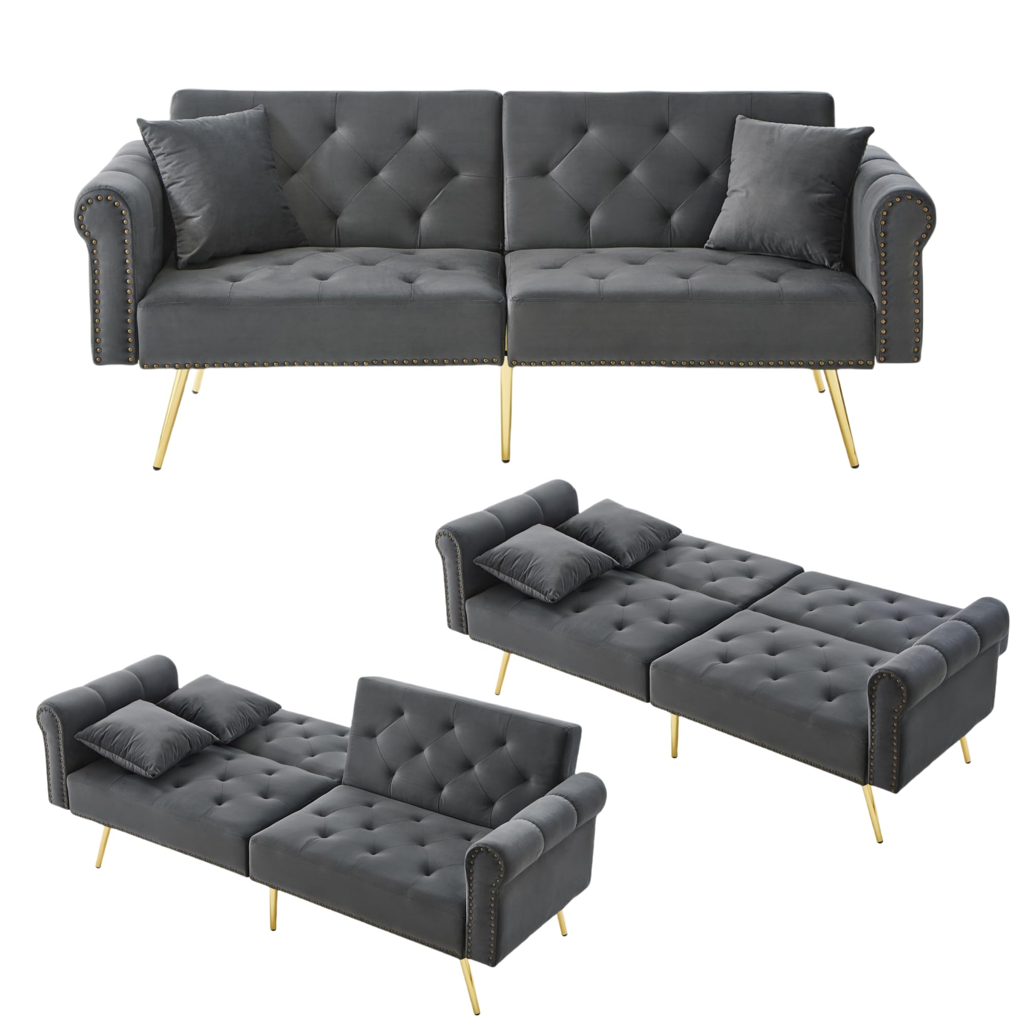 Schlafsofa 2 Sitzer mit Schlaffunktion – Verstellbares Sofa aus Samt, Schlafcouch klappbar & platzsparend, kleines Sofa für Wohnzimmer & Gästezimmer (Antique Gray)