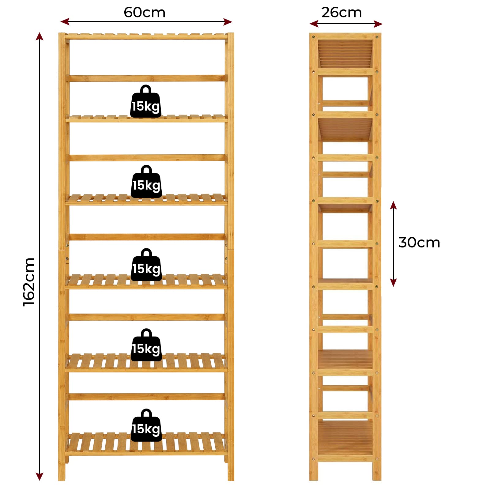 VIAGDO Bambusregal, Küchenregal, Badregal, Bücherregal, Standregal mit 6 verstellbaren Ablagen, 60 x 26 x 162 cm, für Bad, Küche, Wohnzimmer, Schlafzimmer, Balkon, Naturfarben