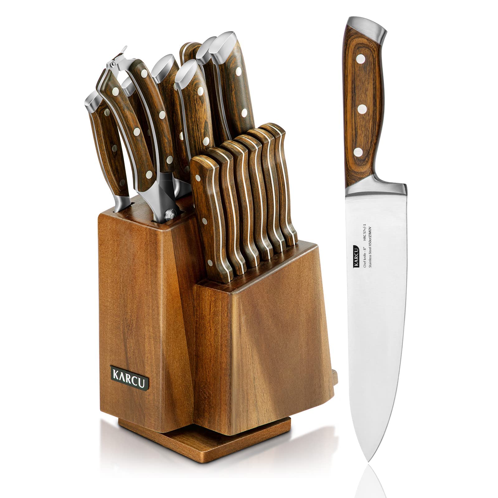 Set Coltelli Da Cucina 15 Pezzi Con Ceppo - Acciaio Tedesco X50CrMoV15, Coltello Chef, Affettatrice, Forbici - Foto 3