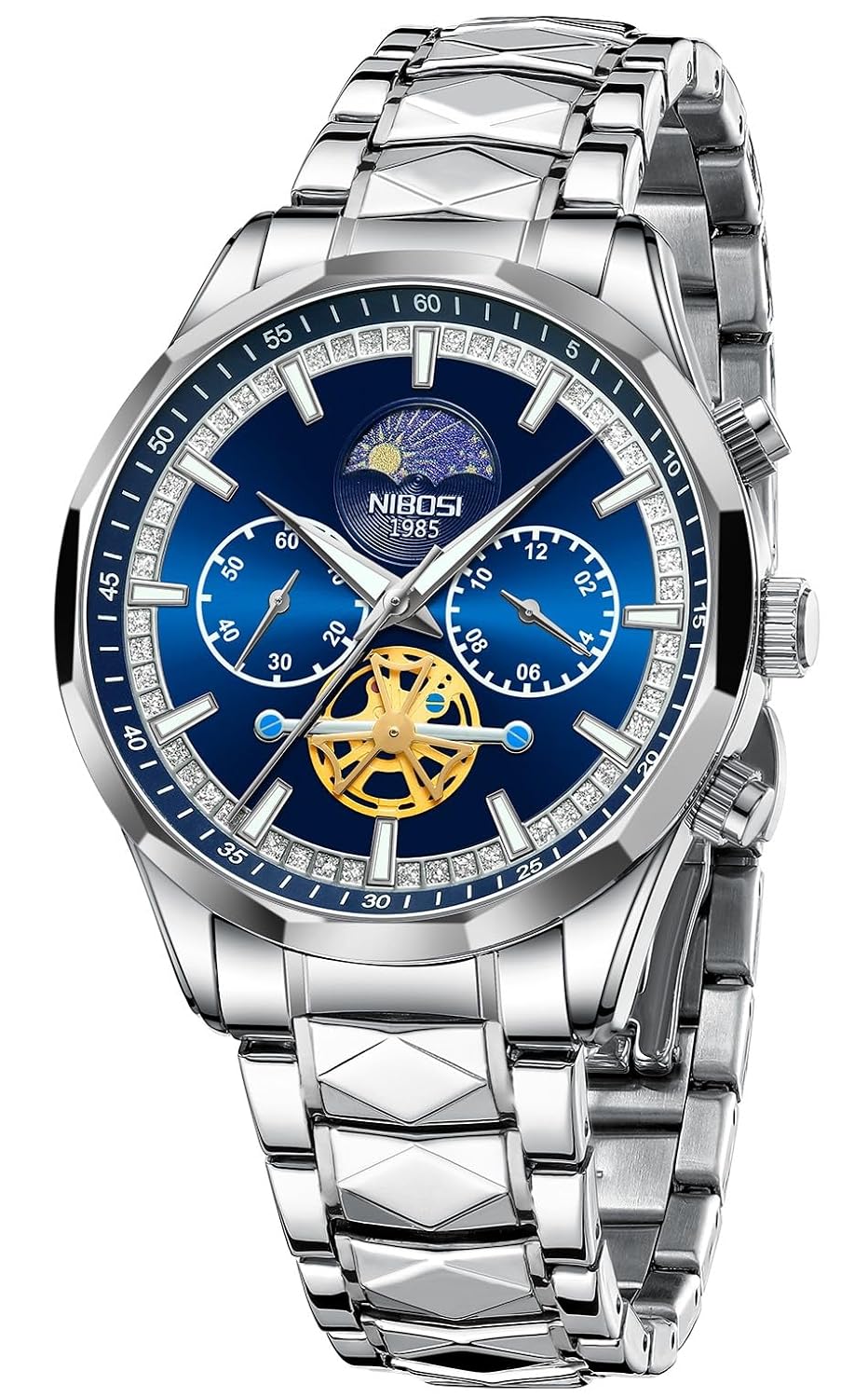 NIBOSI Chronograph Fly Wheel Watch For Men Analog Quartz Dress Diamond Business Stainless Steel Watches Date Luxury Men’s Wristwatch|Birthday Gift For Men|Gift For Husband, Brother (Silver-Blue) NIBOSI Chronograph Fly Wheel Watch For Men Analog Quartz Dress Diamond Business Stainless Steel Watches Date Luxury Men’s Wristwatch|Birthday Gift For Men|Gift For Husband, Brother (Silver-Blue)