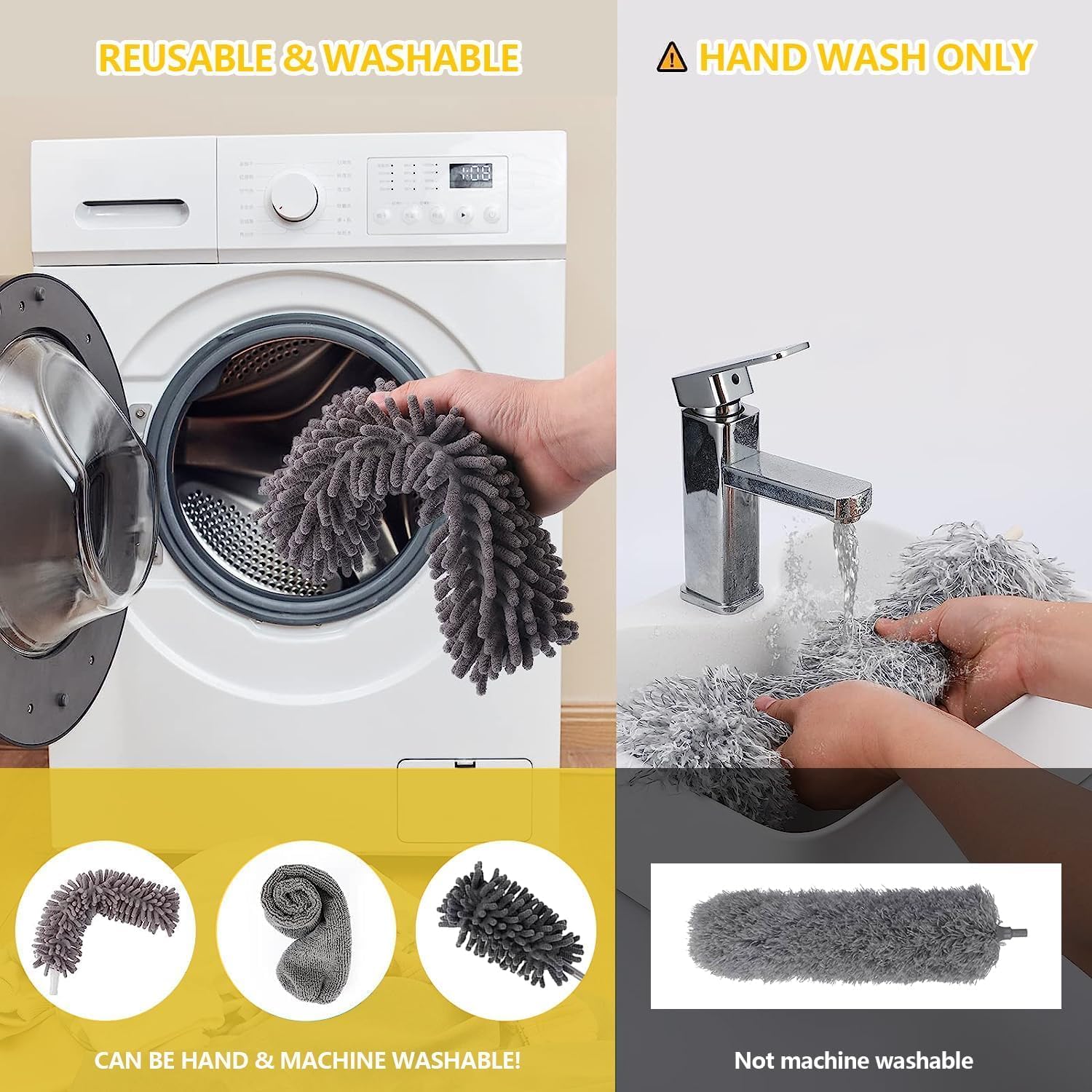 Recluse Extendable Duster Cleaning Kit – 3 in 1 Set with Pole, Microfiber, Chenille & Fan Duster Heads – Washable & Bendable Dusting Tools for Ceiling Fans, Blinds, High Ceilings & Furniture (Grey)