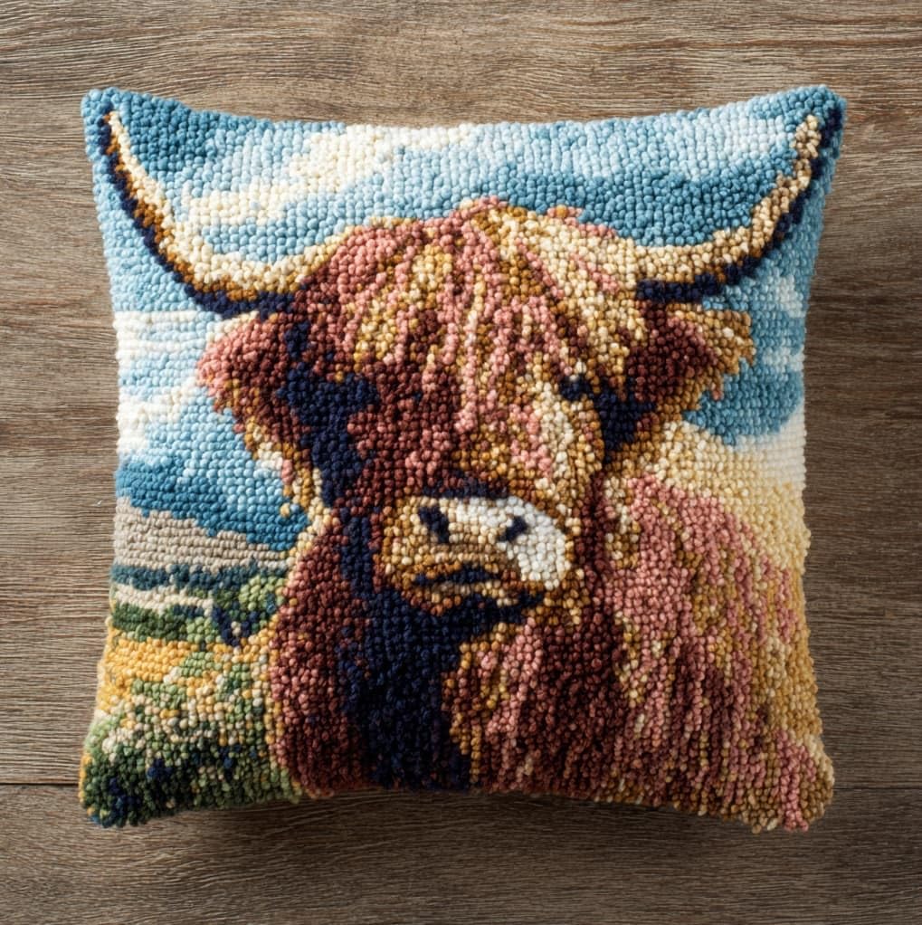 Wallustrioaw Latch Hook Kit For Cushion Making,Highland Cattle,Complete Diy Craft Kit With Yarn, Hook Tool & Guide,Stress Relief Art Project For Adults/Teens,17X17in