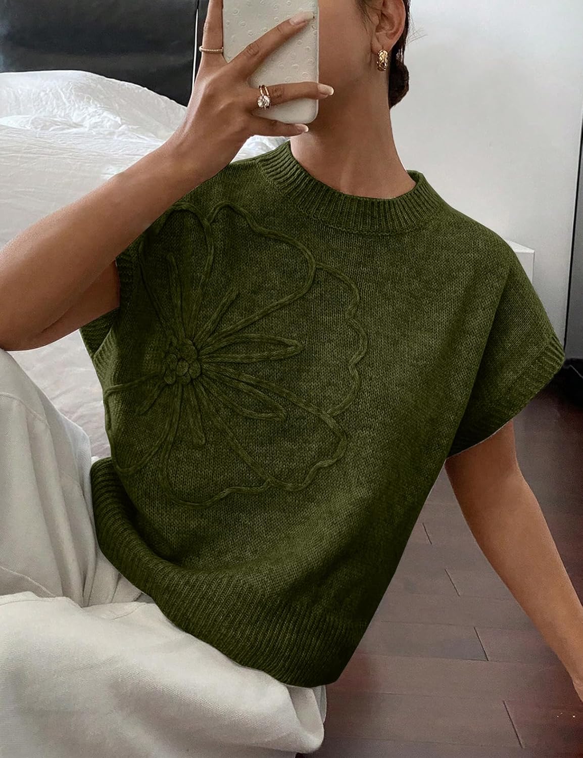 Womens Floral Sweater Vest Cute Cap Sleeve Tops 3D Flower Decor Knit Tank Top Loose Spring Fall Summer Clothes 2026 - Image 5