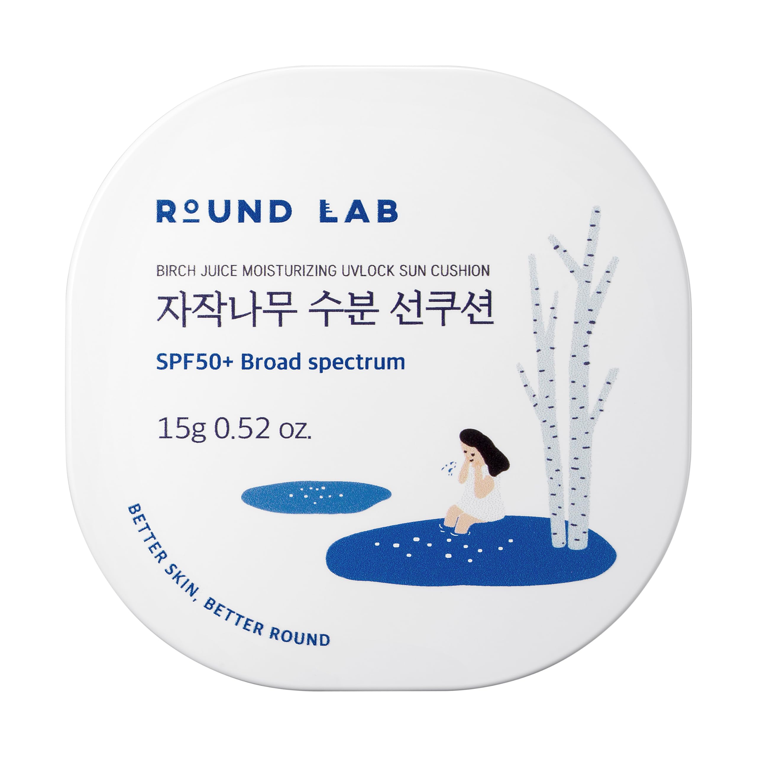 Round Lab Birch Juice Moisturizing UV Lock Sun Cushion, SPF50+ Broad Spectrum, 0.52 oz, Sunscreen for All Family Members, Over Makeup Poratable Sun cushion, No White cast, Korean Sunscreen