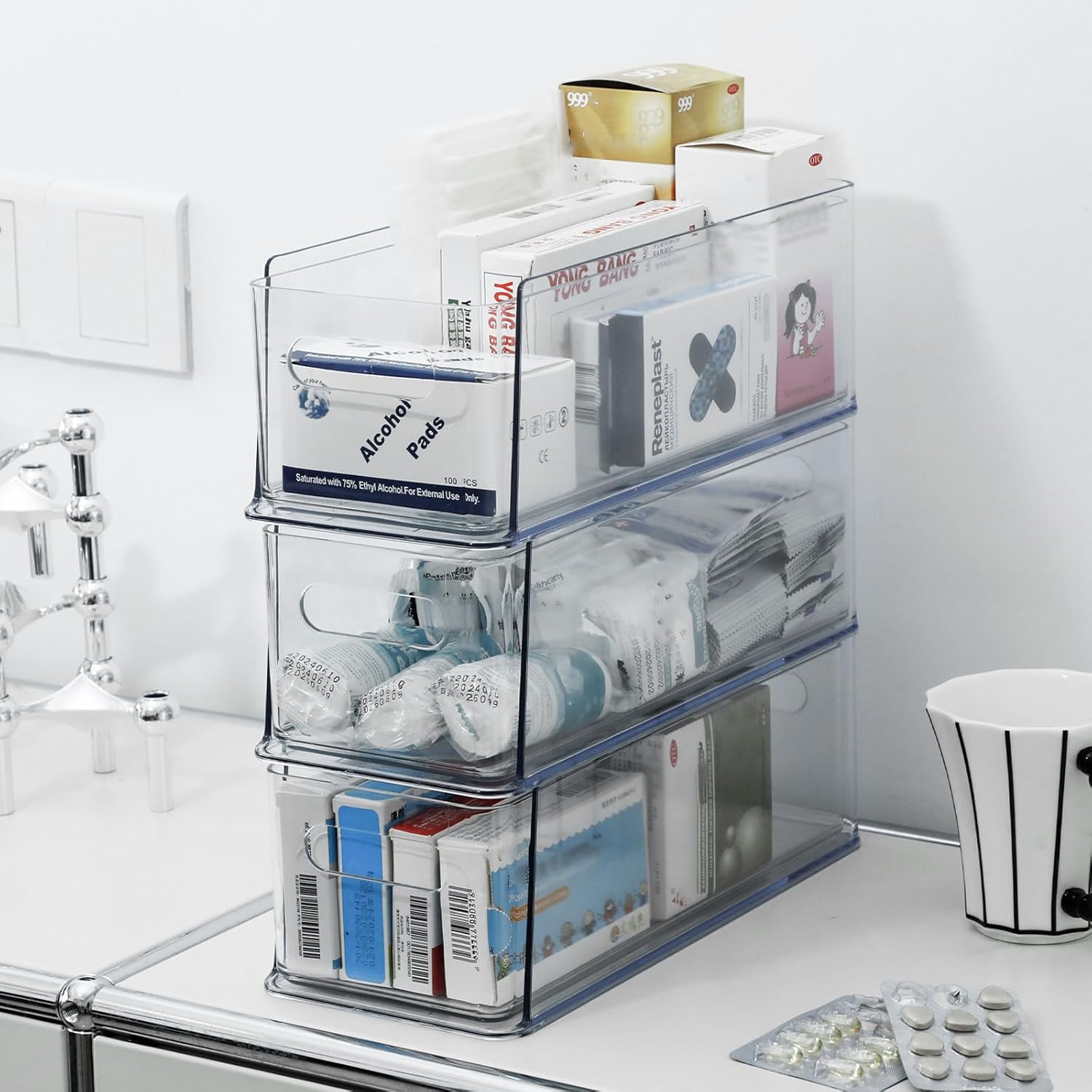 Clear Desk Organizer Drawer for Kitchen Pantry, 3 Tier Plastic Slim Storage Box for Narrow Corner, Coffee Bar Accessories, Stackable Bathroom Container for Countertop or Under Sink, Tall