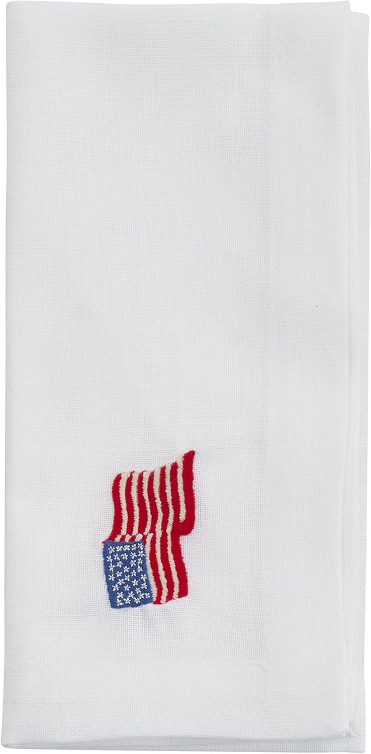 SARO LIFESTYLE Embroidered American Flag Napkin (Set of 4) – Patriotic Americana Table Linen for Memorial Day, Fourth of July & Everyday Entertaining, White, 20"x20"