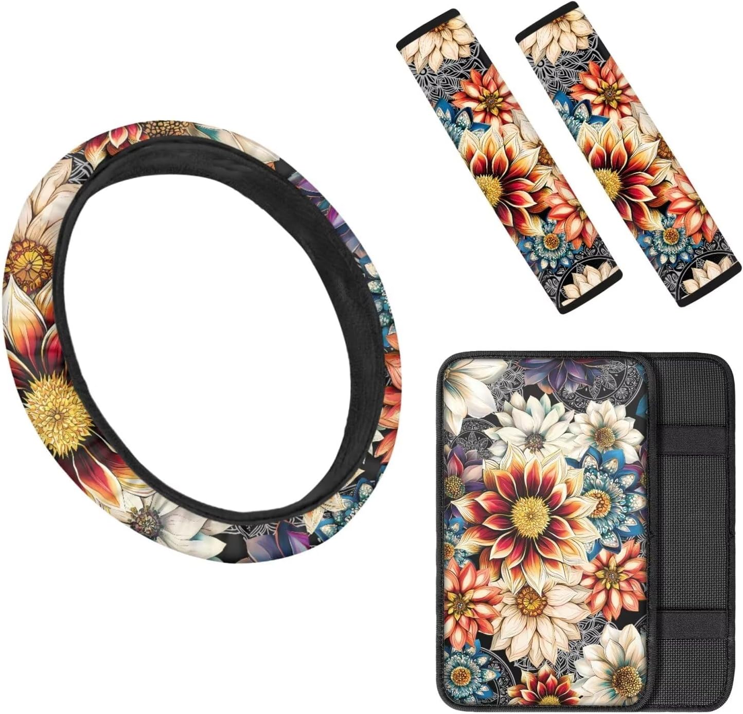 Decorative Car Steering Wheel Cover with Car Armrest Cover for Women,4 Pack,Boho Dahlias Mandala Flowers Soft Seatbelt Cushion Pad Universal Fit for SUVs Trucks Vans