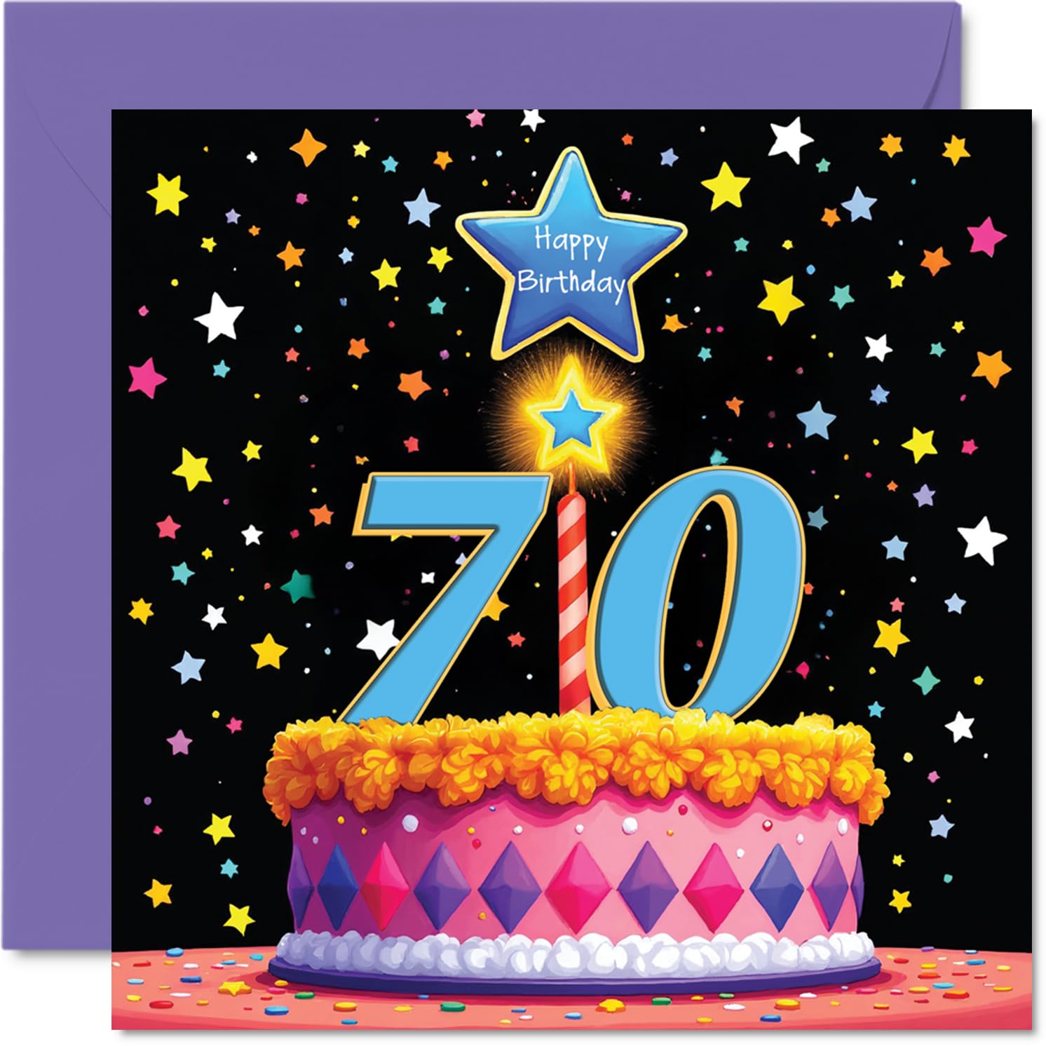 70th Birthday Cards for Women and Men, Pink Cake & Stars