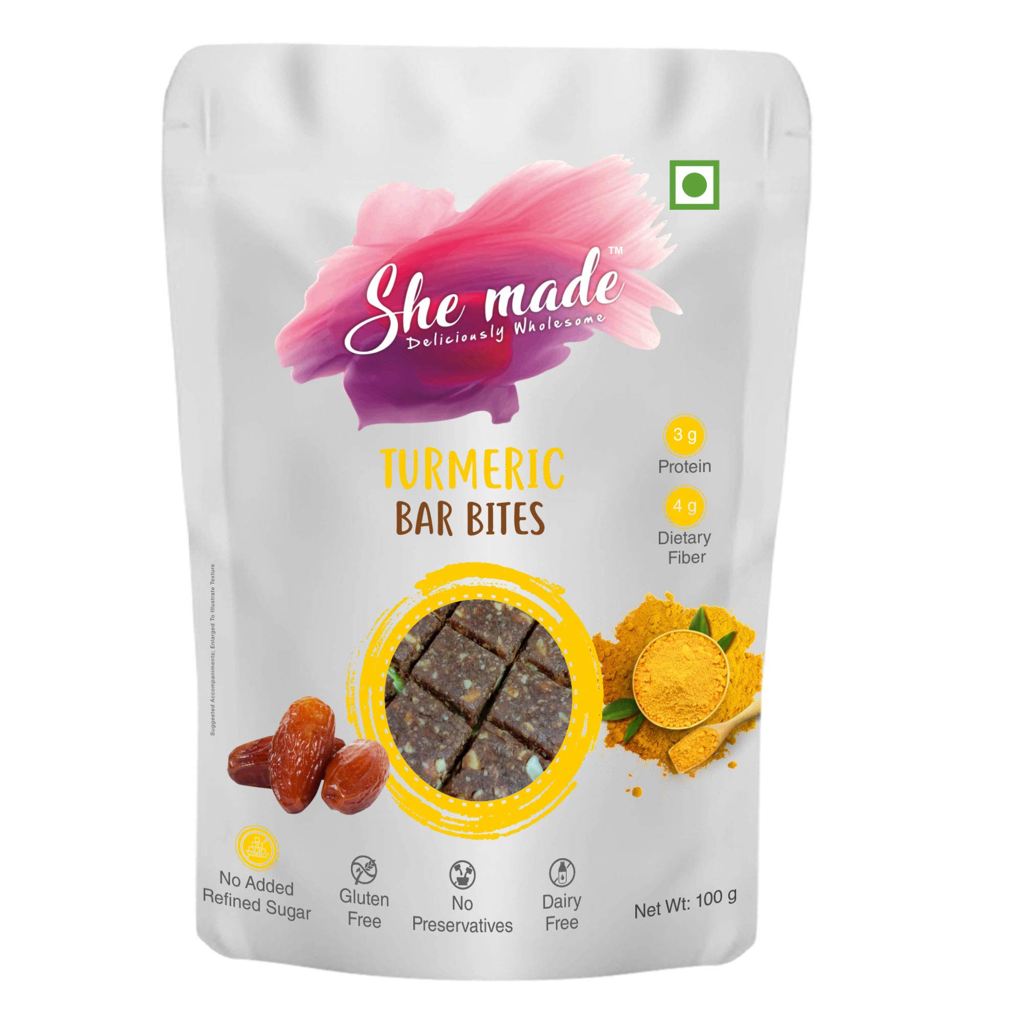 She Made Foods Mini Bar-Bites - Healthy Turmeric Bar Bites, Gluten Free & Protein Dense Energy Bites, Delicious Baked Gourmet Snacks (100 Grams)-image-6