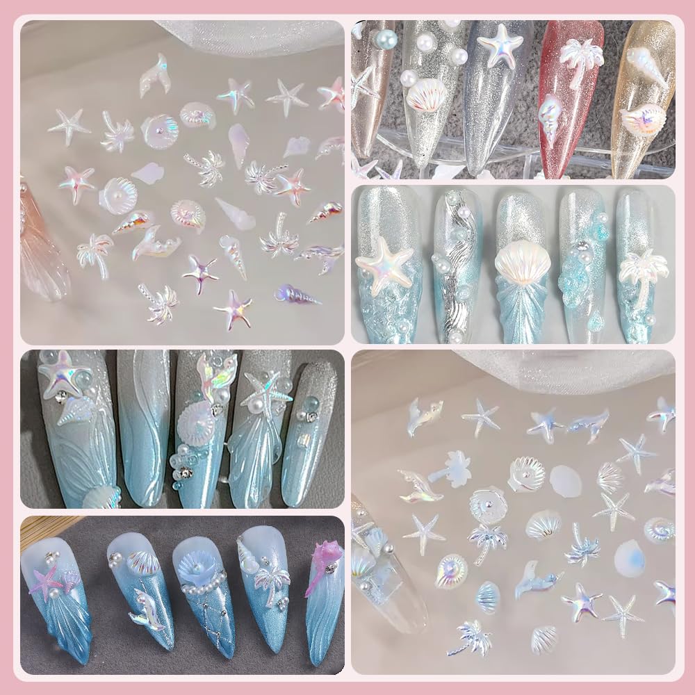 Nail Charms, 2Boxes Aurora Ocean Nail Gems Charms, 3D Resin Laser Blue Pink Mermaid Palm Tree Seashell Starfish Summer Charms for Acrylic Nail Art Alloy Nail Rhinestones for Women DIY Accessories