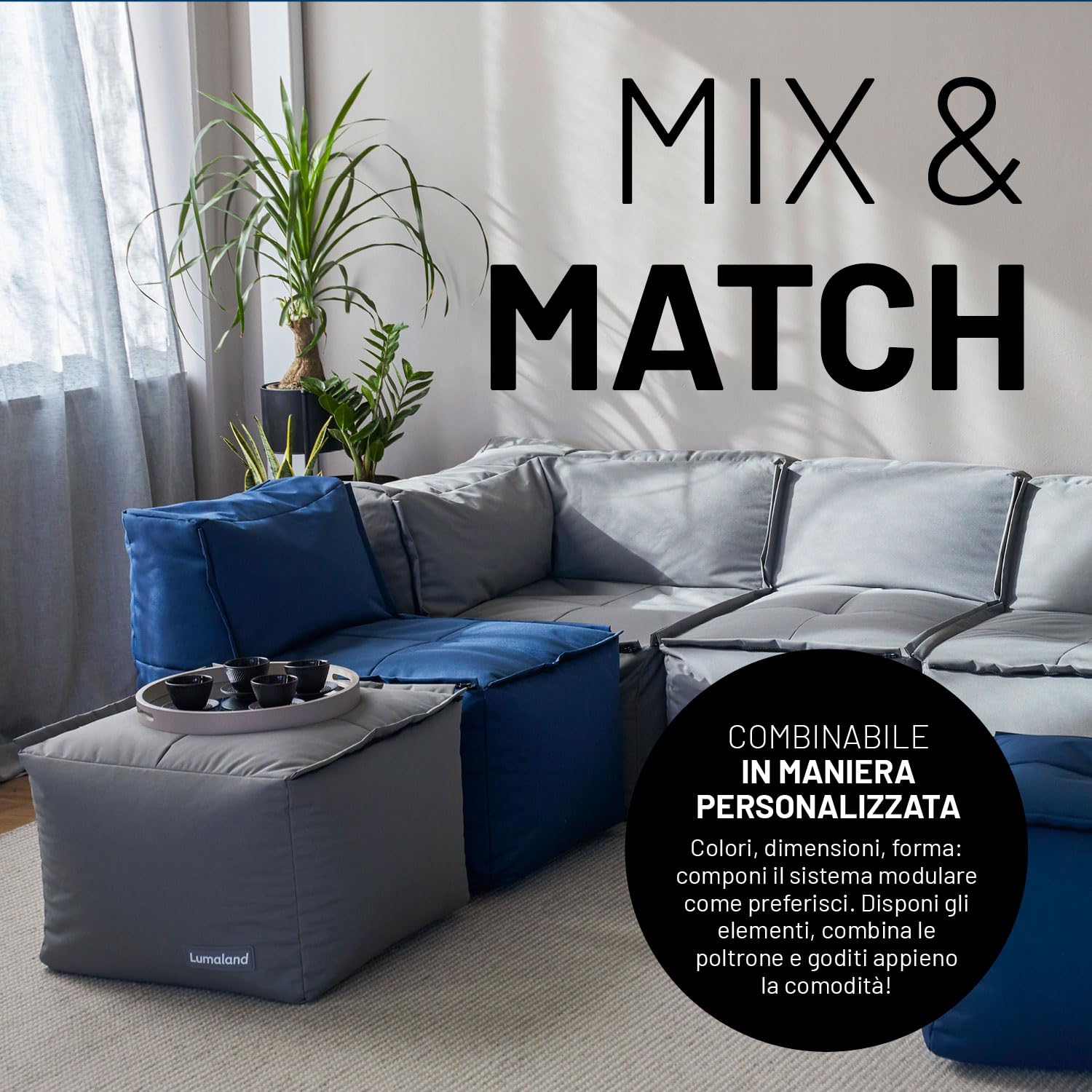 Lumaland Pouf modulare, pouf impermeabile, sgabello espandibile e leggero, per interni ed esterni, seduta lavabile per giardino e interni, 54 x 54 x 54 x 54 cm [blu scuro]