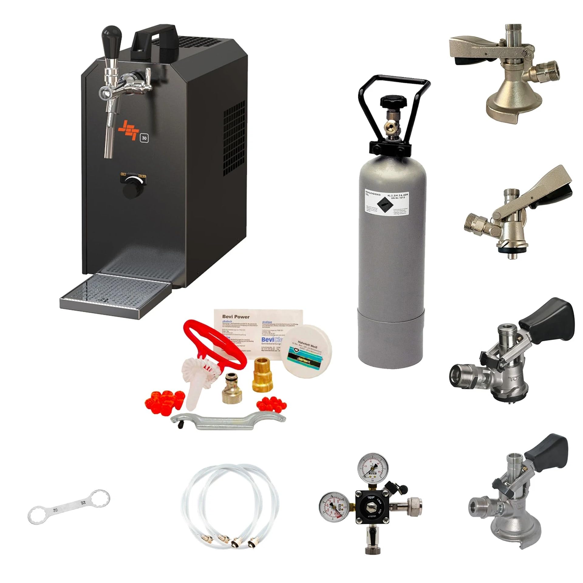 Komplett Set Zapfanlage Jet 30 Bierkoffer Durchlaufkühler 1-leitig Trockenkühler 35L/h Reinigungsset CO2 Flasche Druckminderer Zapfkopf NC Adapter