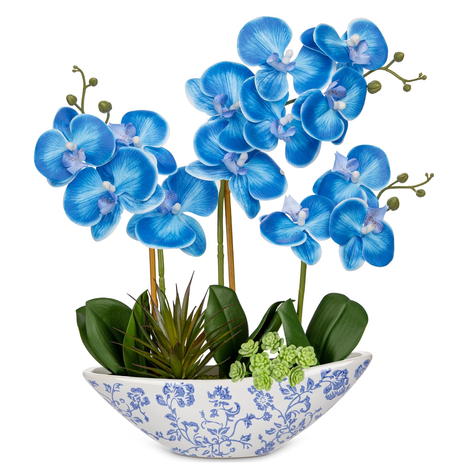 Oairse 18" Orchid Artificial Flowers Blue Fake Orchid Silk Flowers with Blue and White Ceramic Pot Large Faux Phalaenopsis Arrangement for Home Office Room Living Room Coffee Table Centerpiece Decor — image 1