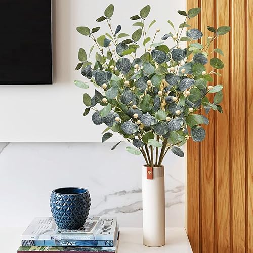 Miniatura 4 de unlemoni 6 tallos de hojas artificiales de eucalipto de otoño, decoraciones de otoño, ramas de eucalipto falsas de seda, hojas de otoño para