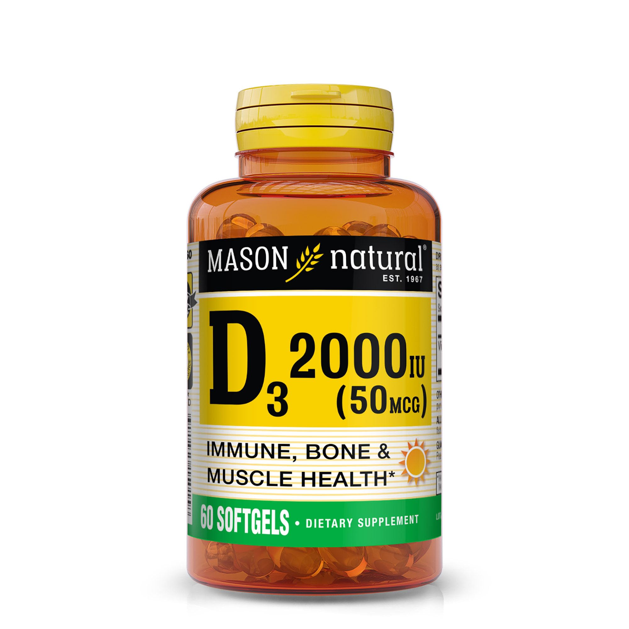 MASON NATURAL Vitamin D3 2,000 IU Ultra Strength, Supports Bone Density, Strength & Immune Health, 60 Softgels