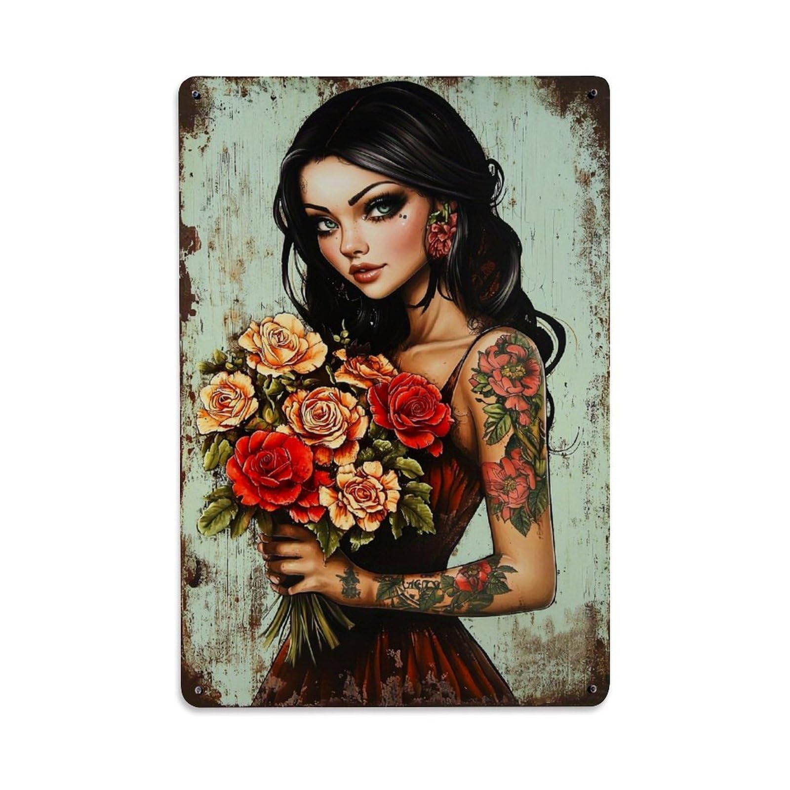 Jdyaojiesheng Vintage Floral Tattoo Rose Bouquet Woman Tin Sign Retro Metal Wall Decor Metal Poster, Home Bar Garage Farmhouse Cafe Wall Art Decoration 8X12inches