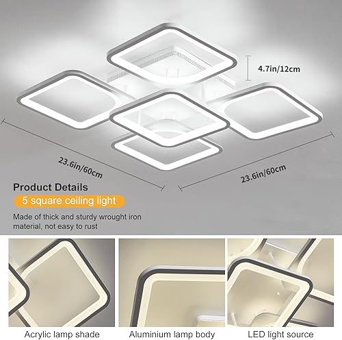 Miniatura 4 de Jaycomey Lámpara de techo LED moderna regulable, 23.6 pulgadas, montaje empotrado, con control remoto, lámpara de techo acrílica de 5 cuadrados para