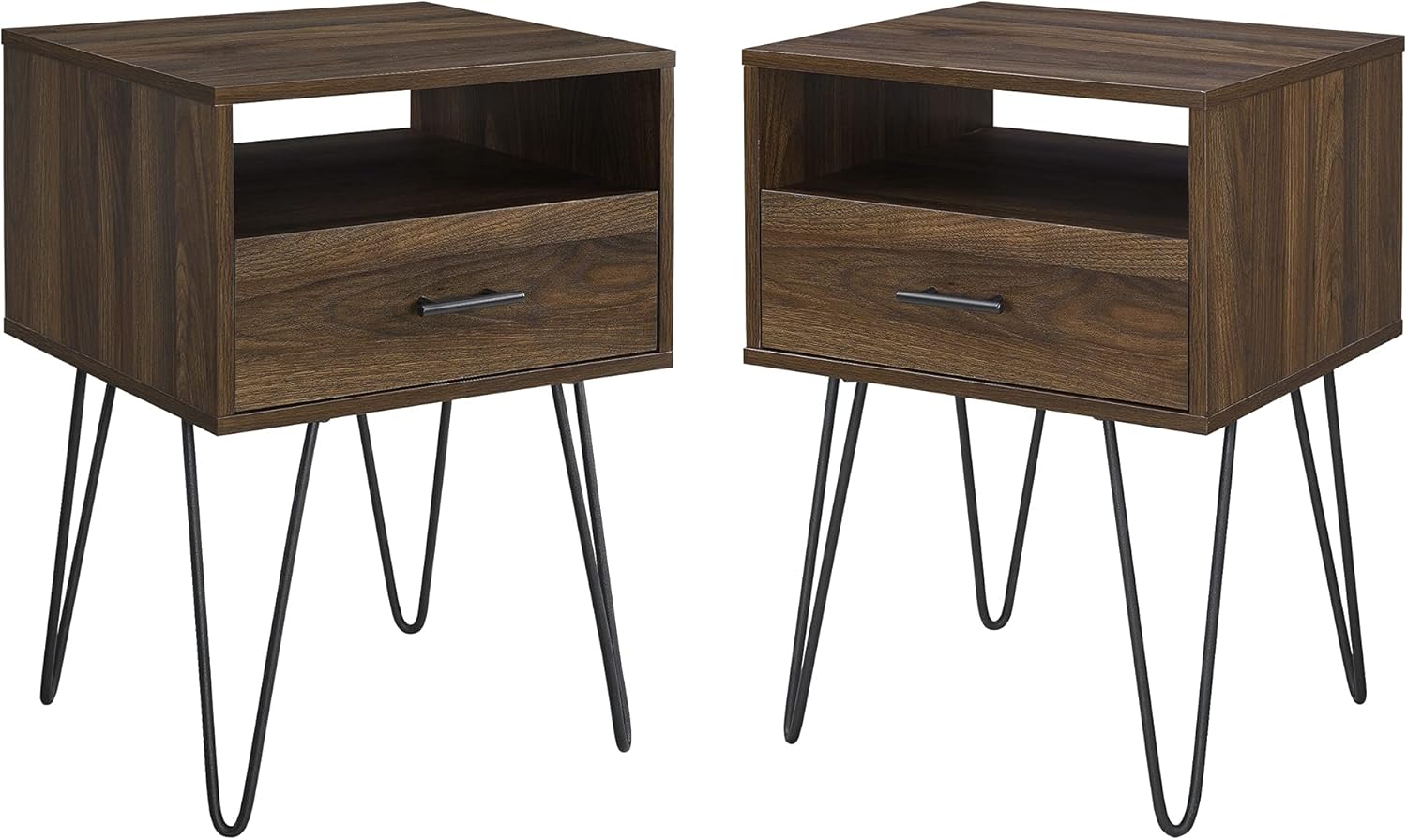 Walker Edison Hadley 2 Piece Mid-Century Modern Metal Hairpin Leg 1-Drawer Side Table Set, 2 Pack, Dark Walnut : Everything Else