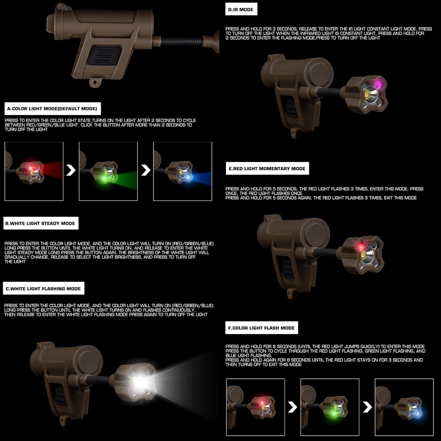 Tactical Helmet Light with IR/Red/Green LED Task Lamp Bendable Survival Signal Lightf for Fast Mich Helmet for Outdoor Sports Hunting Fishing(Brown)