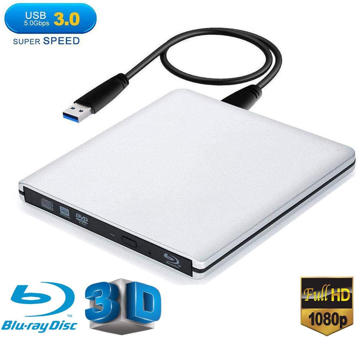 Blu ray Drive DVD Drive External USB 3.0 Ultra Slim 3D Blu Ray Player Writer Portable BD/CD/DVD Burner Drive with Polished Metal Chrome for Mac,Windows 10,XP,Vista,Laptop,PC (Silver)