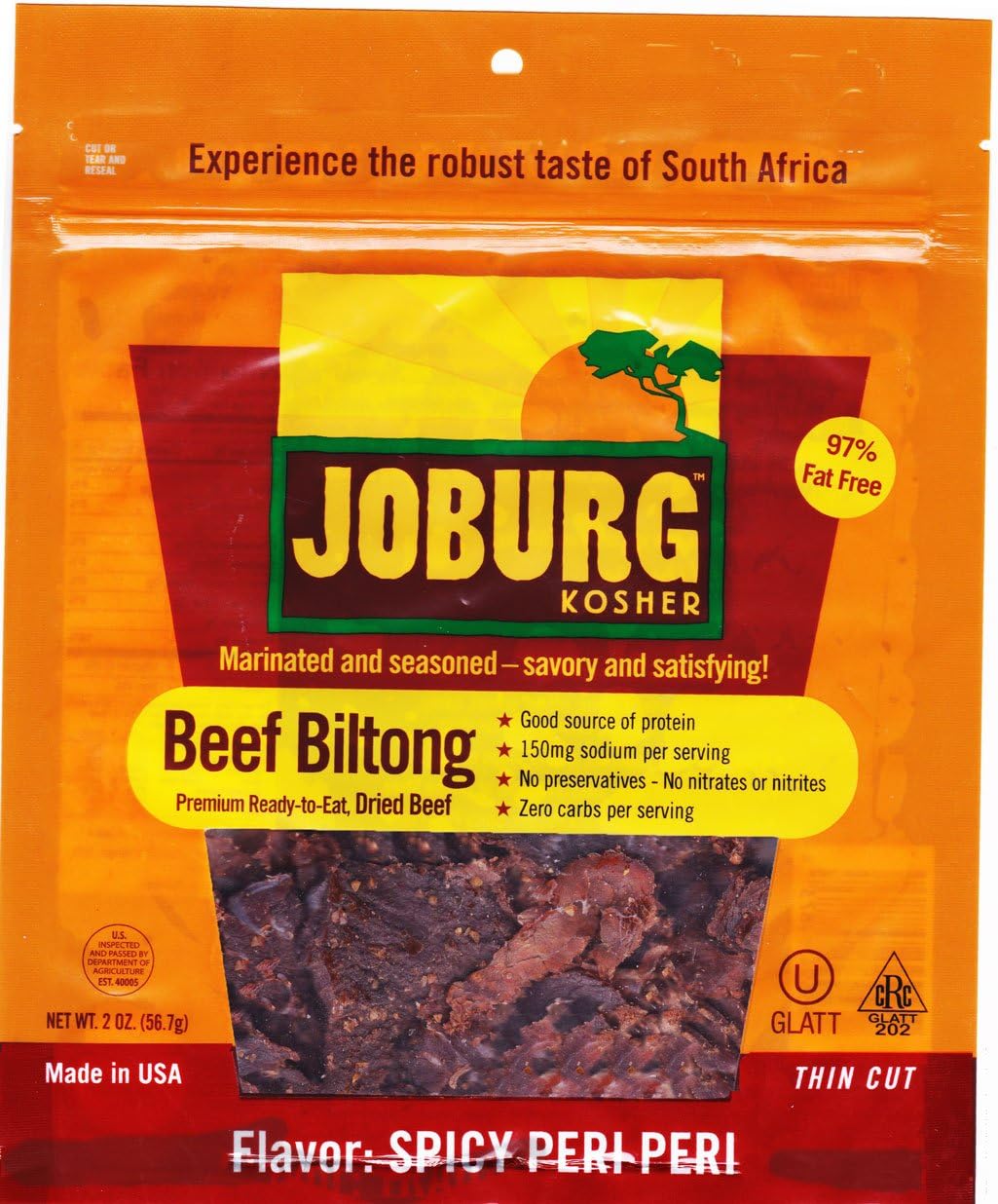Joburg - Gourmet Beef Biltong South African Jerky - Kosher (OU) 2 Oz. - Spicy Peri Peri - 6 Pack
