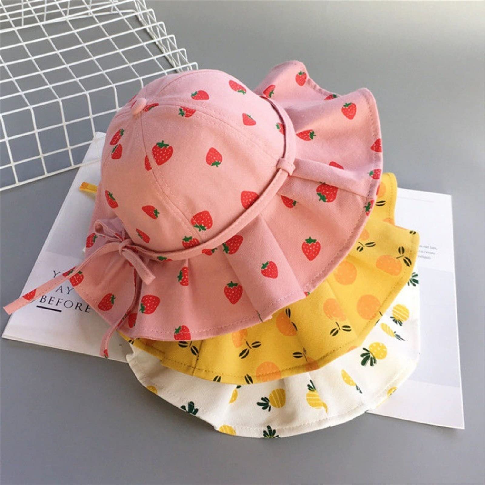 LNNSHX Letni kapelusz dziecięcy, słodki dziecięcy kapelusz letni dla dziewczynek Bawełniany nadruk w owoce Dziecięce kapelusze wiadro Bowknot Księżniczka Dziecięca czapka przeciwsłoneczna Plaża Podróż