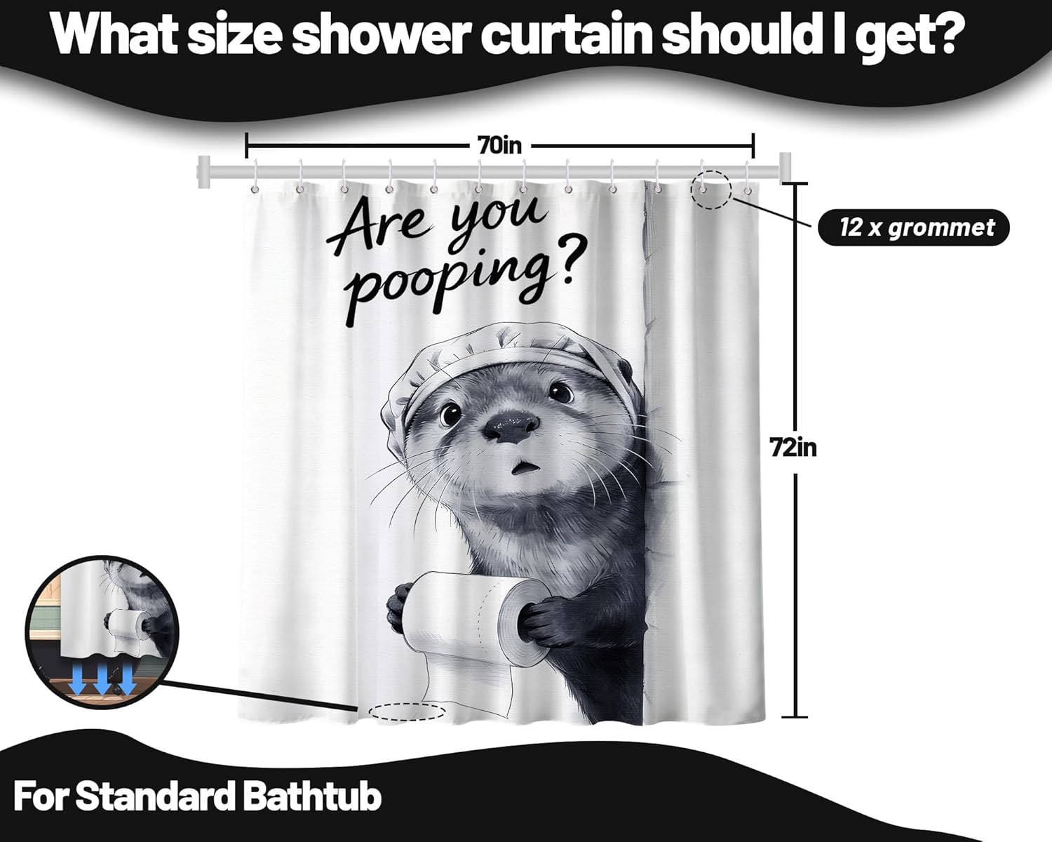 Funny Otter Shower Curtain Cute Black and Grey Animal Unique Shower Curtains for Bathroom Decor Sets, Waterproof Cloth Fabric with Hooks, 70x72 Inch